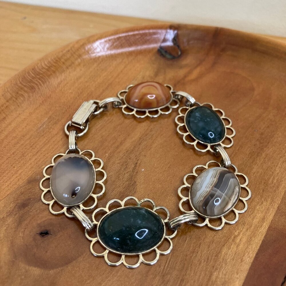 Agate Multi Cabochon Gemstone Bracelet Gold-tone Metal 7"